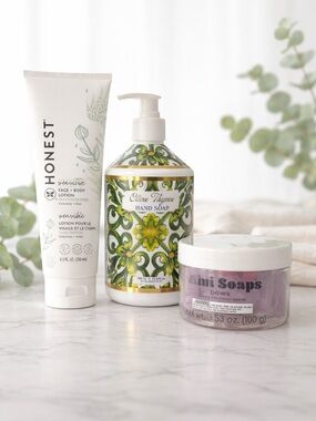 Bathroom Bundle: Honest Sensitive Lotion + Olive Thyme Hand Soap + Bow Mini Soap